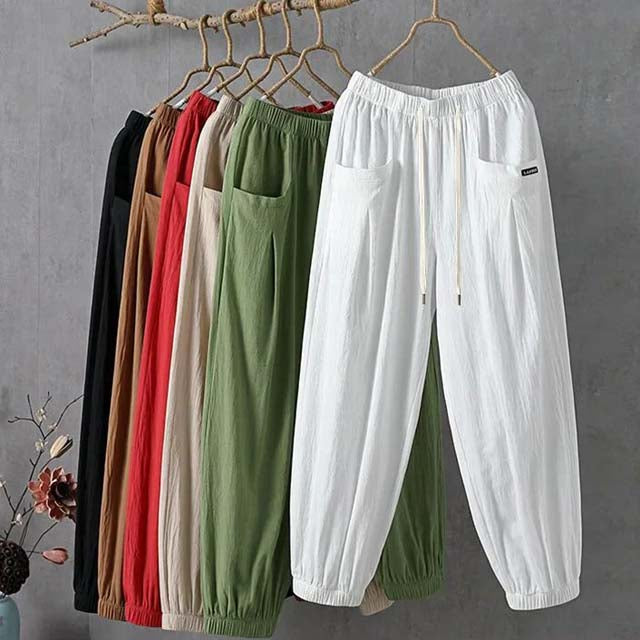 【Algodón Y Lino】Pantalones Casuales De Color Sólido