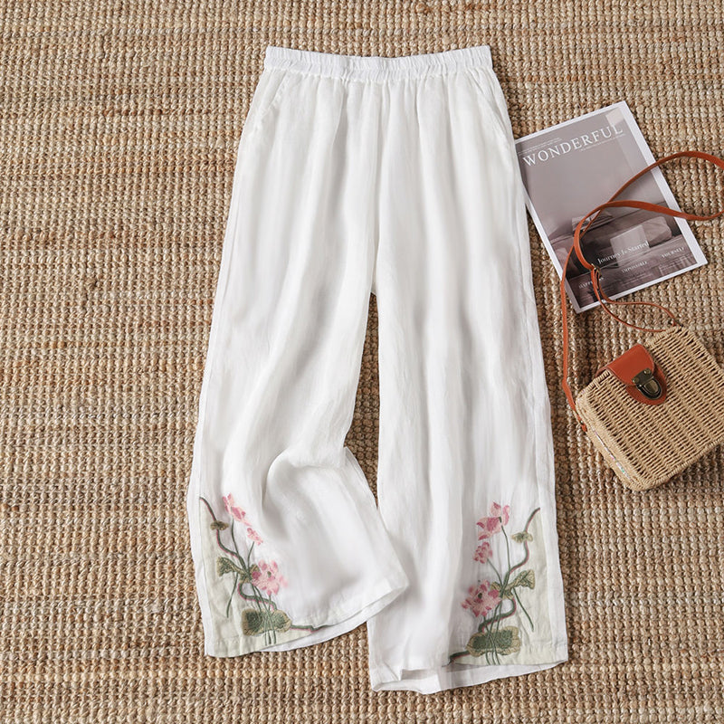 【100% Cotone】Pantaloni Casual Ricamati A Fiori