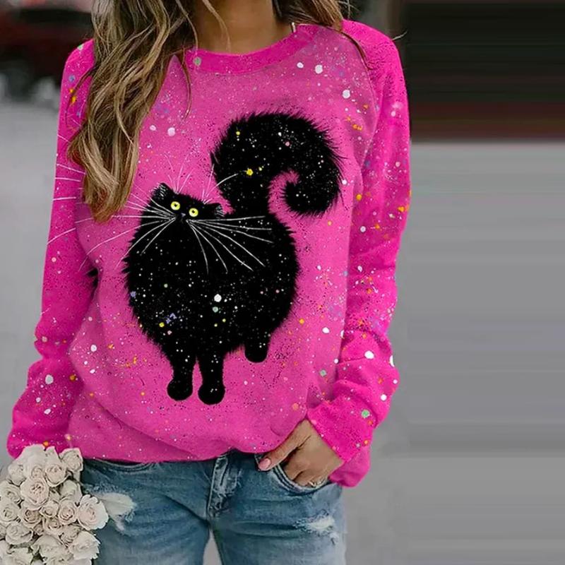 Casual Sweatshirt Met Kattenprint