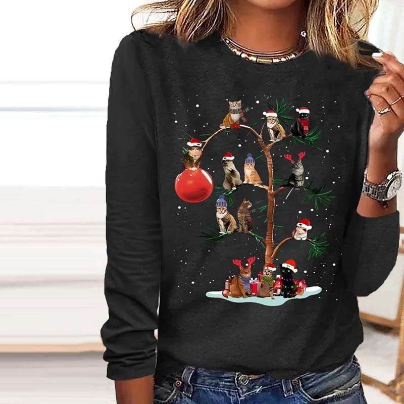 【100% Baumwolle】 Weihnachts-T-Shirt mit kreativem Katzendruck