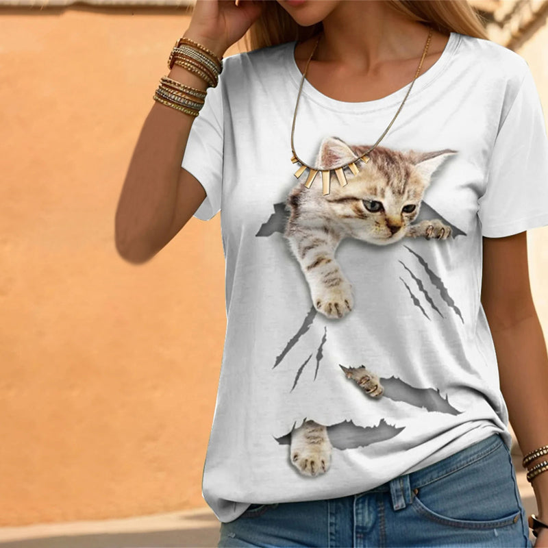 Camiseta Casual Con Estampado De Gato