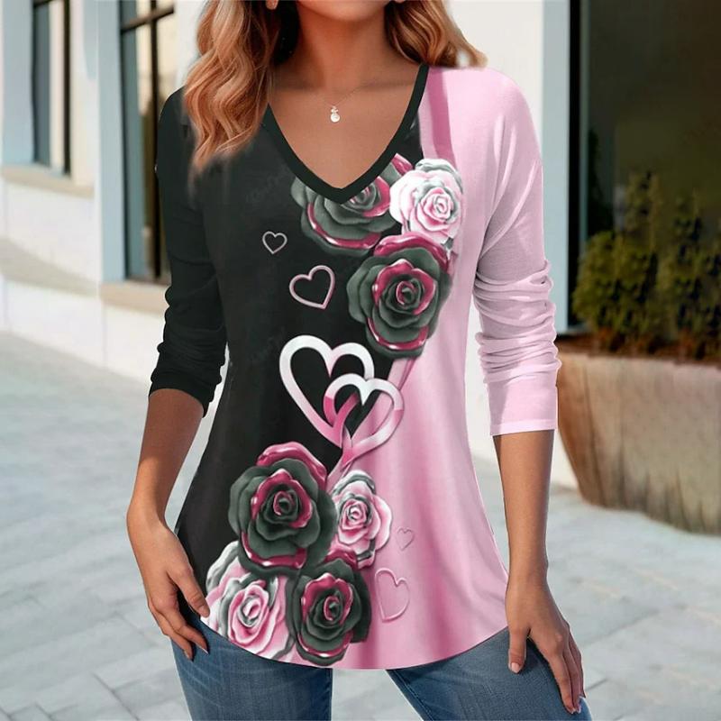 Herz- und Blumendruck-T-Shirt