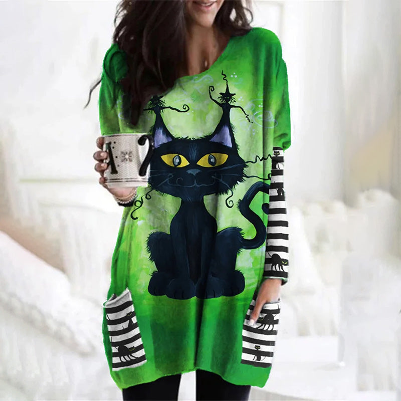 Vestito Halloween camicia con stampa gatto