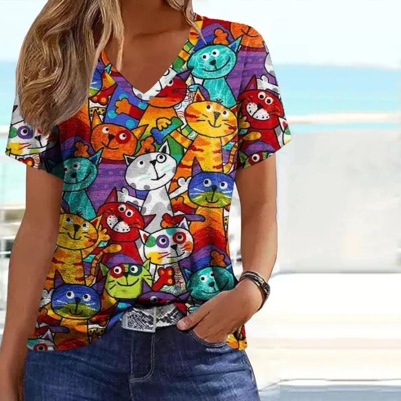 T-Shirt Stampata Gatto Colorato Creativo
