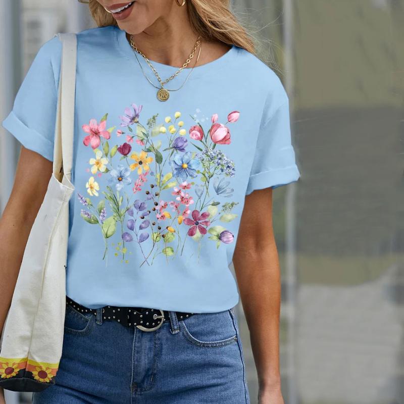 【100% Coton】T-Shirt Décontracté À Imprimé Floral