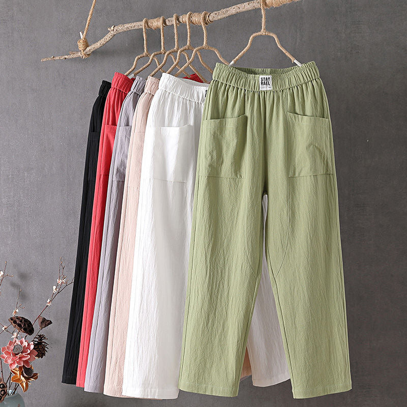 【Algodón y lino】 Unie -pantalones casuales con color