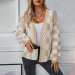 Cardigan Casual Lavorato A Maglia Scozzese