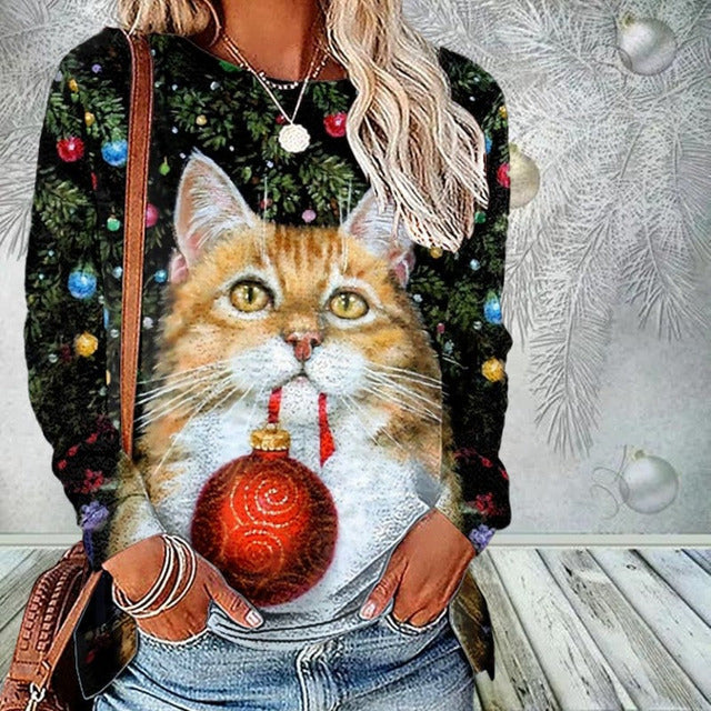 Camiseta Navideña Con Estampado De Gatos