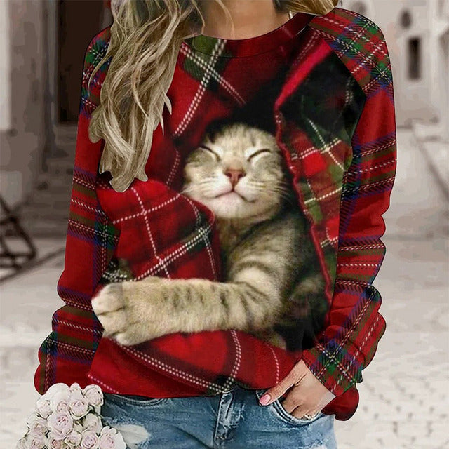 Kissa tulostettu rento pusero