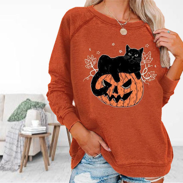 【100% Coton】T-Shirt D'Halloween À Imprimé Chat
