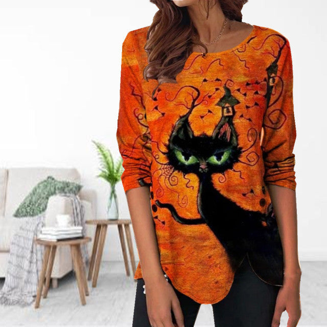 Halloween-Bluse Mit Katzen-Print