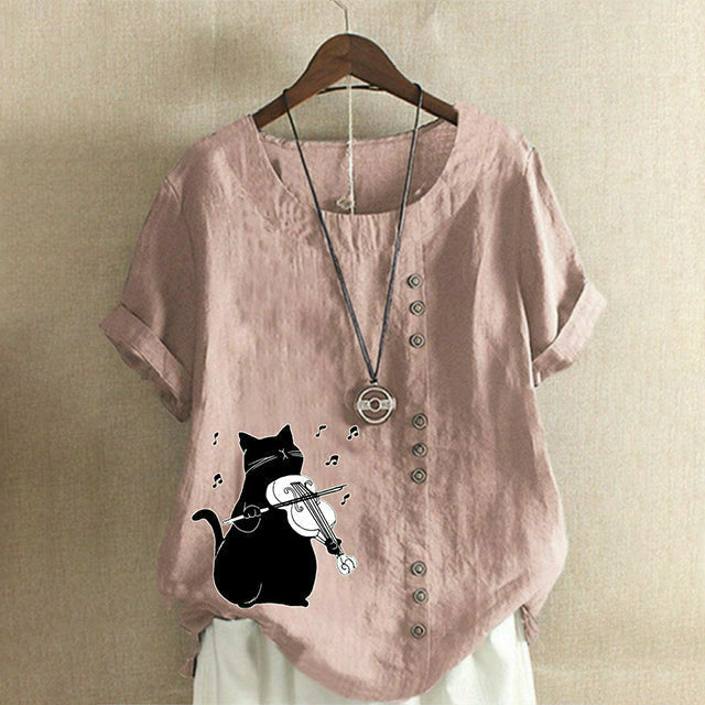 【Algodón Y Lino】Linda Blusa Con Estampado De Gatos